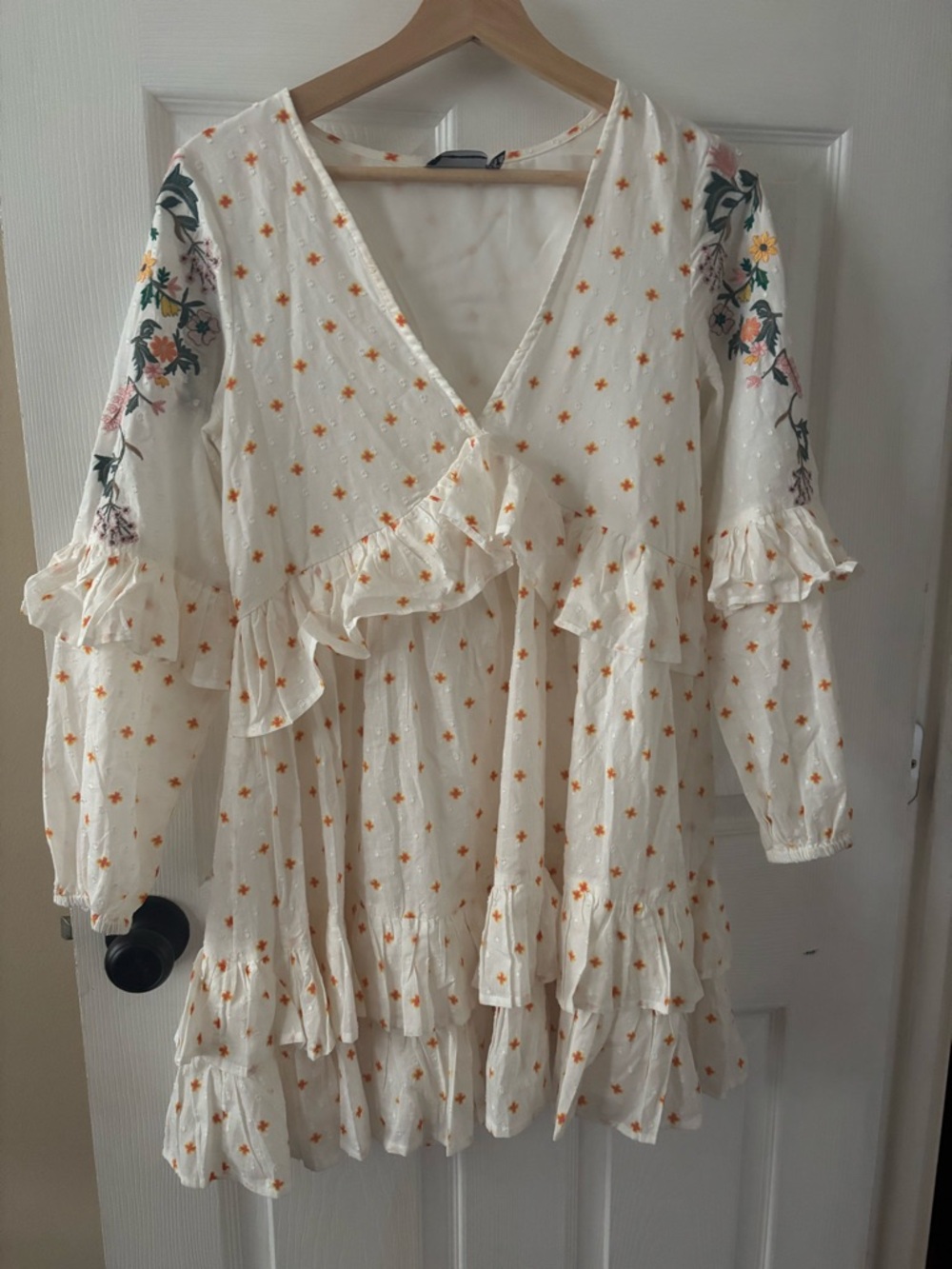 ASOS Cream Mini Dress with Orange Star Print and Floral Embroidered Sleeves
